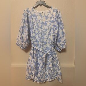 Light Blue & White Floral Midi Dress with Tie Waist